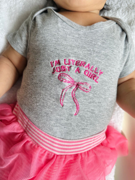 “I’m Literally Just a Girl” Embroidered Baby Onesie – Pink on Grey